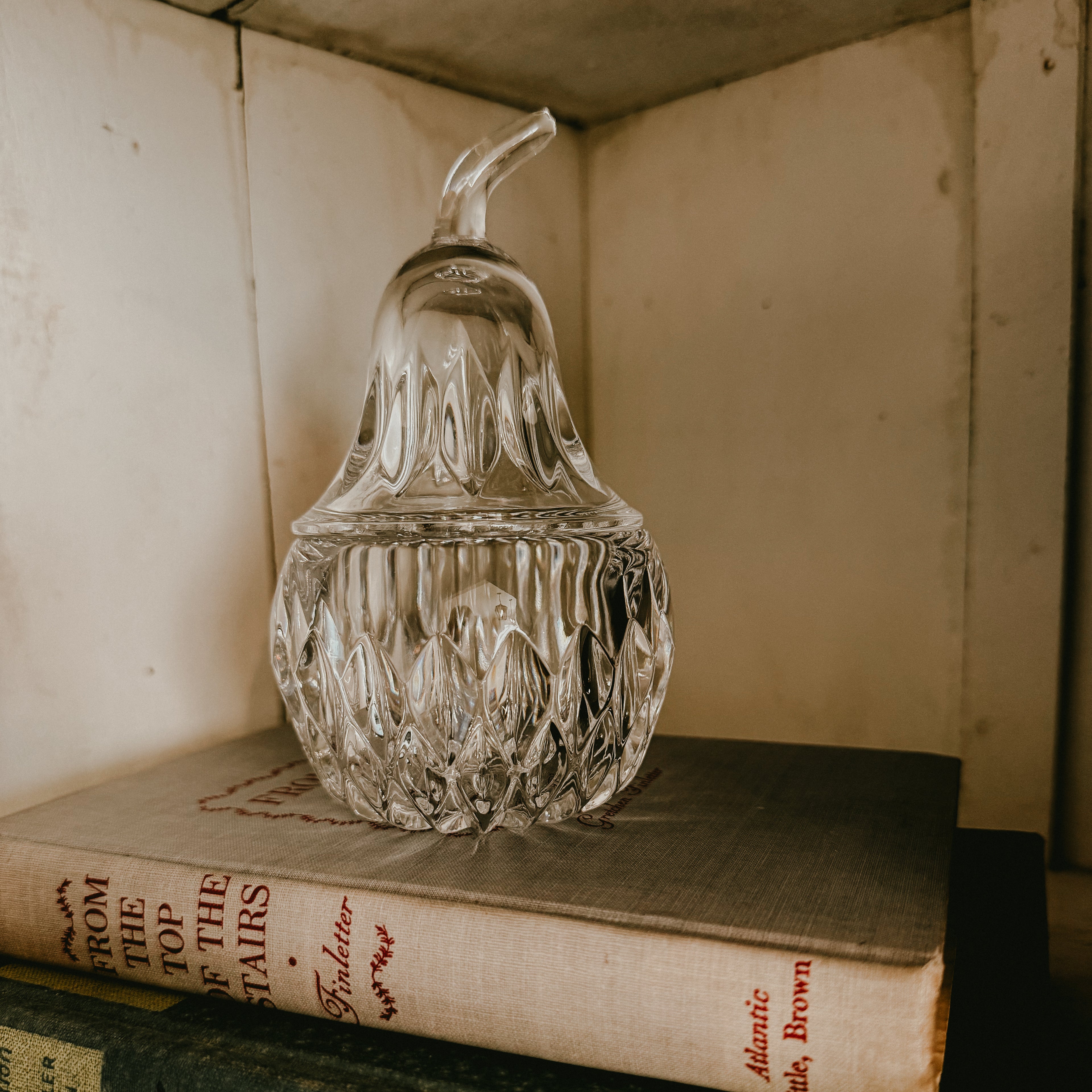 Cut Crystal Pear Trinket Jar | 6" Lead Crystal Vintage Candy Dish or Jam Jar with Lid