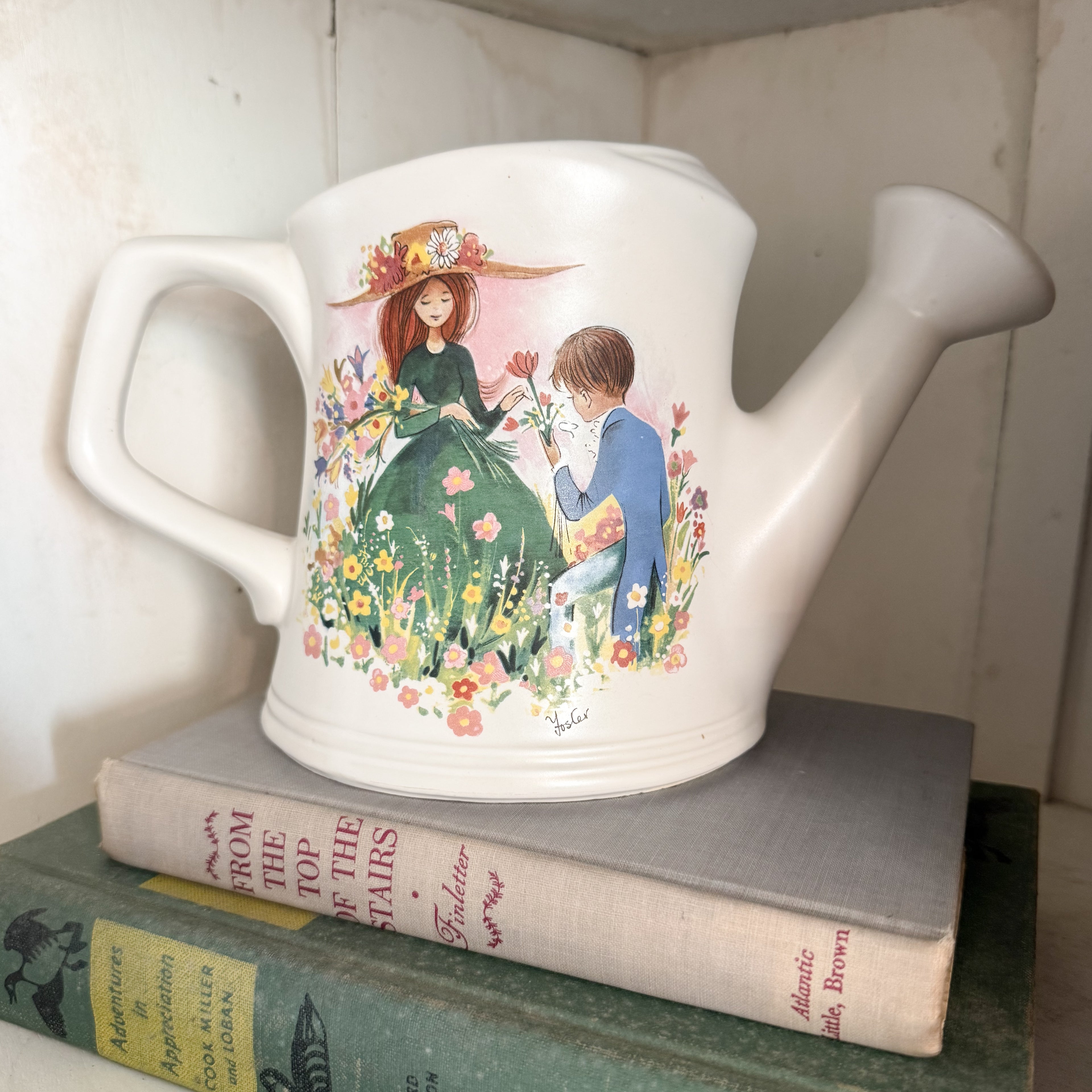 McCoy Pottery Ceramic Watering Can Vintage Planter | 1970s Boy & Girl Garden Illustration | Made in USA