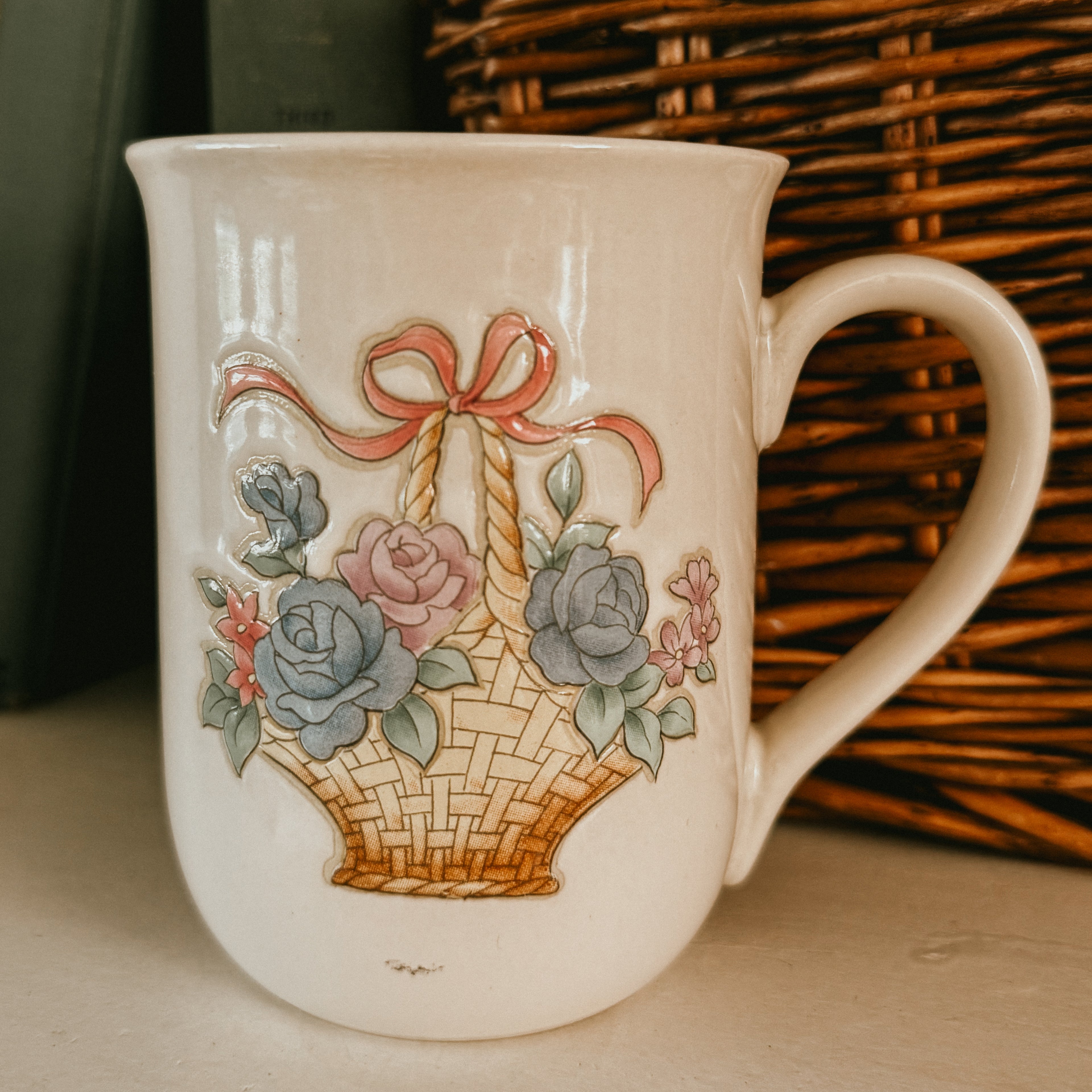 Otagiri Style Embossed Vintage Floral Basket Coffee Mug - Pastel Country Cottagecore
