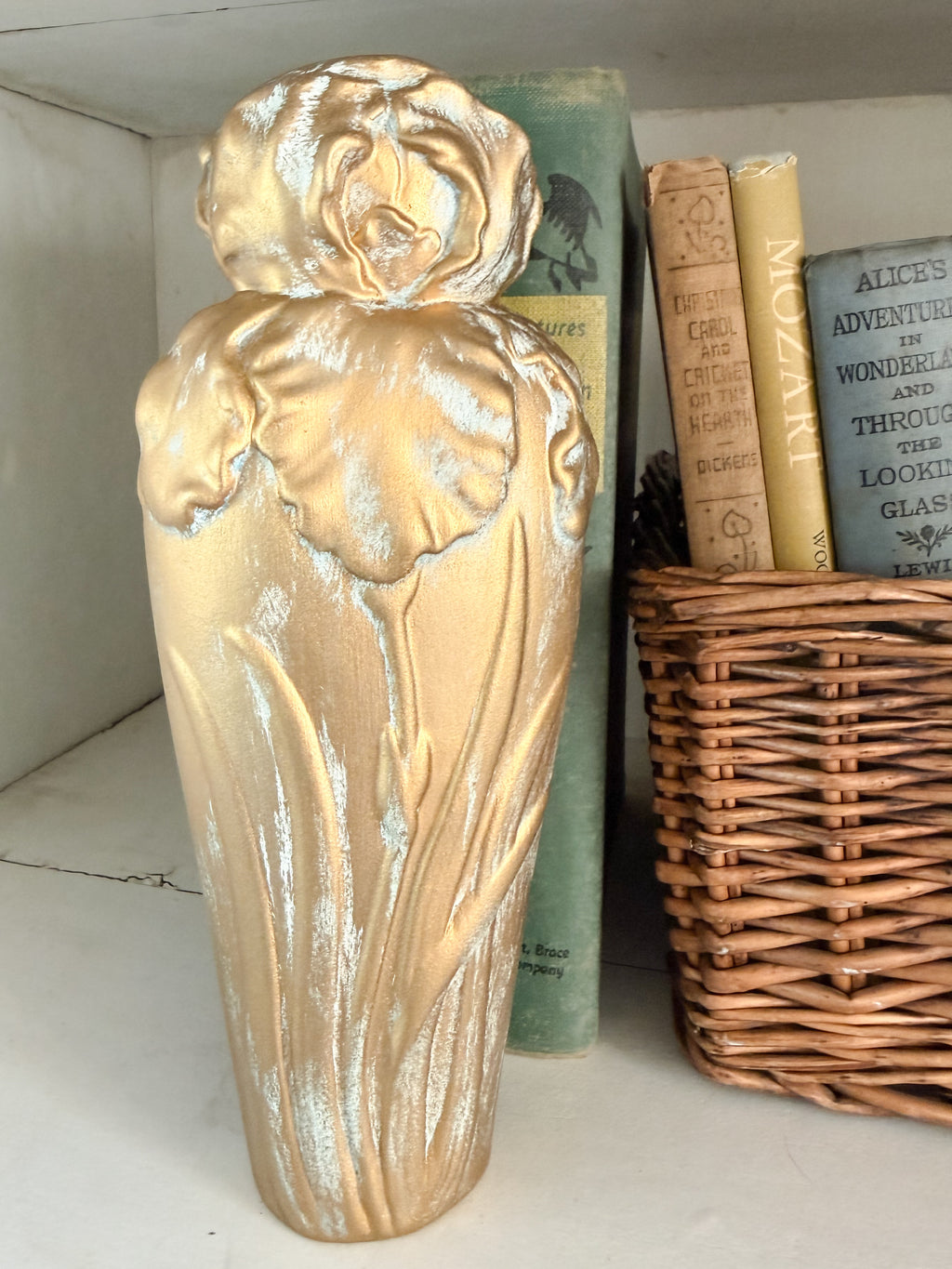 Hand-Painted Vintage Studio Art Pottery Iris Vase - Signed "Mom" - 9" Gold over Blue Glazed Ceramic