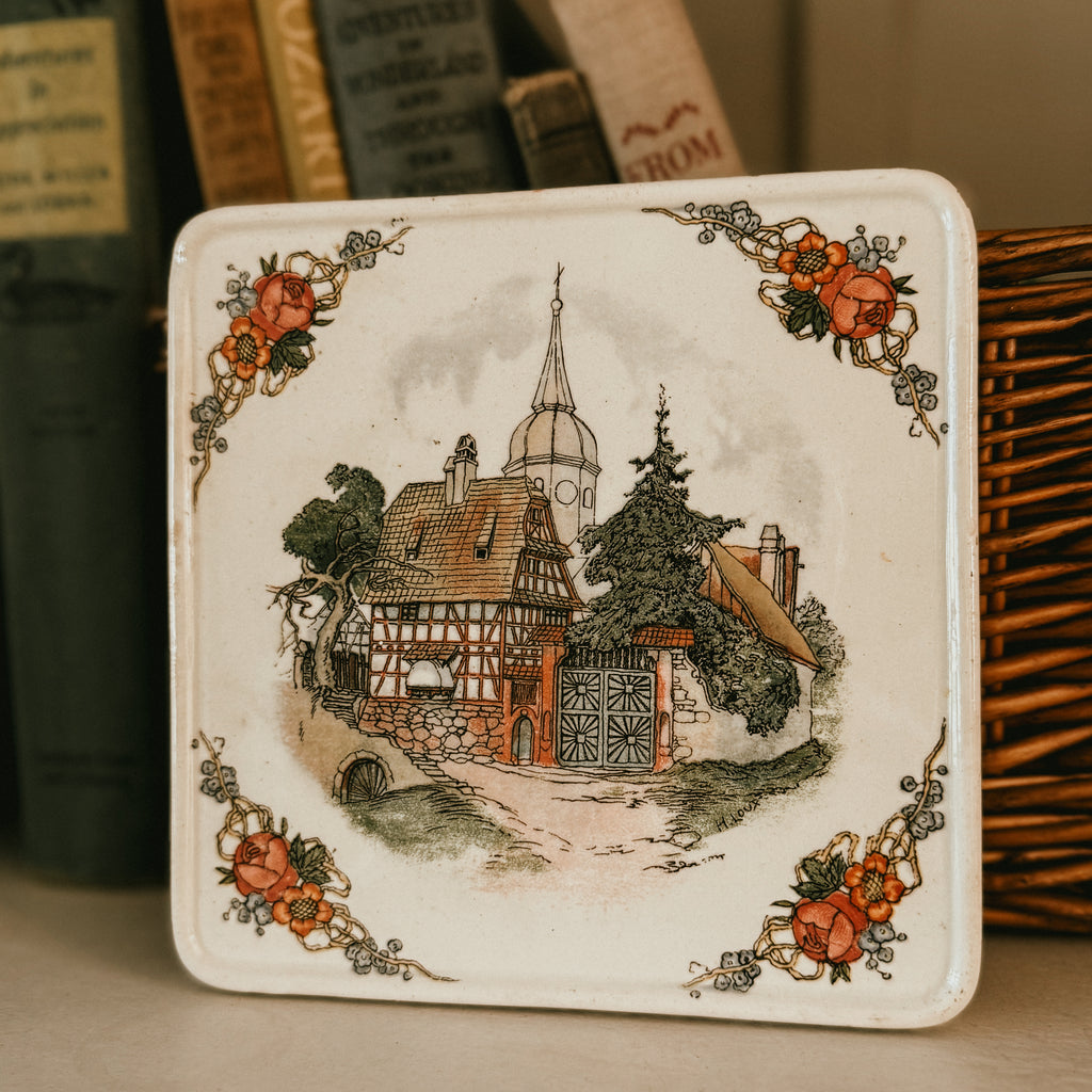 Sarreguemines France "Obernai" Vintage Ceramic Trivet 6"x6" – Henri Loux Alsatian Scene