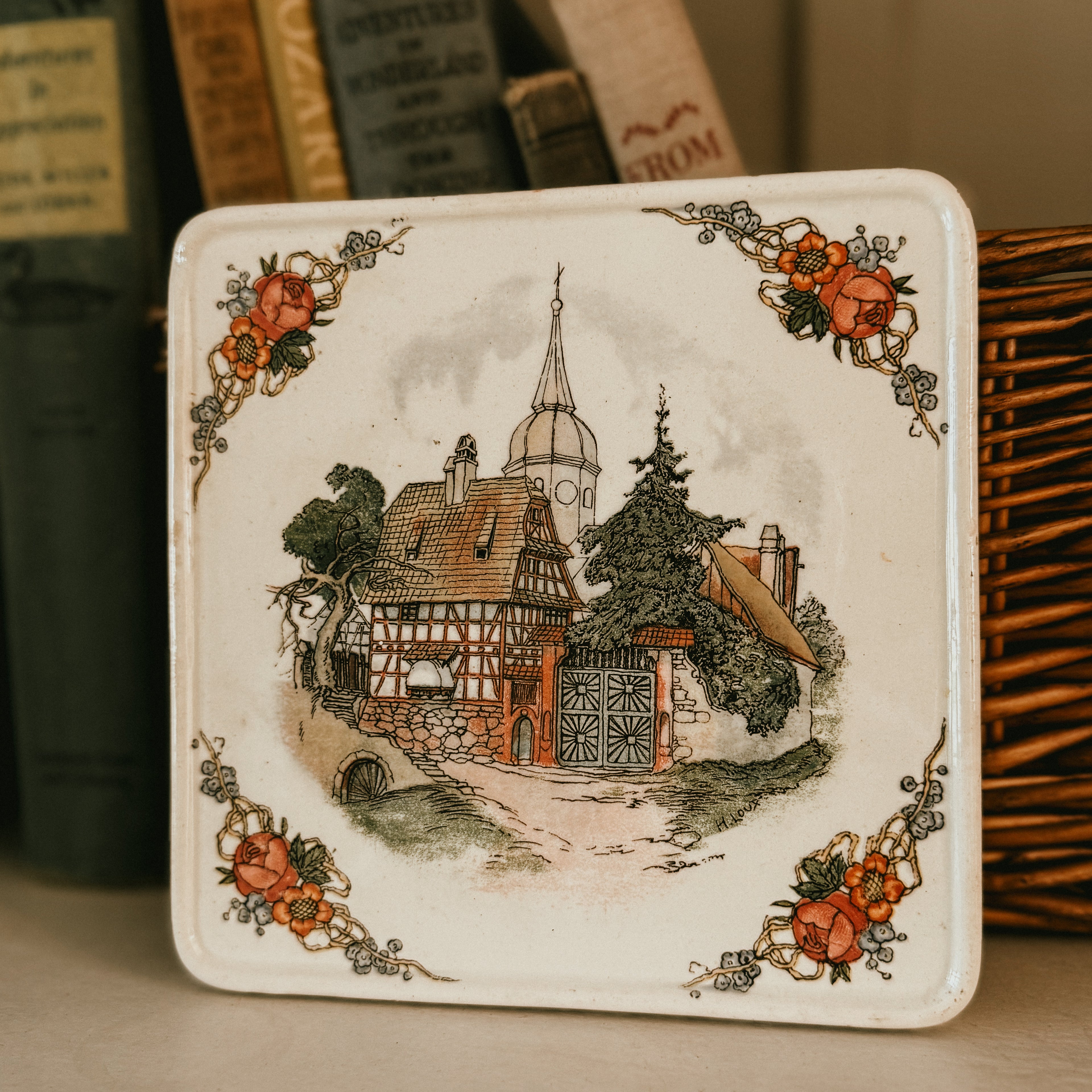 Sarreguemines France "Obernai" Vintage Ceramic Trivet 6"x6" – Henri Loux Alsatian Scene