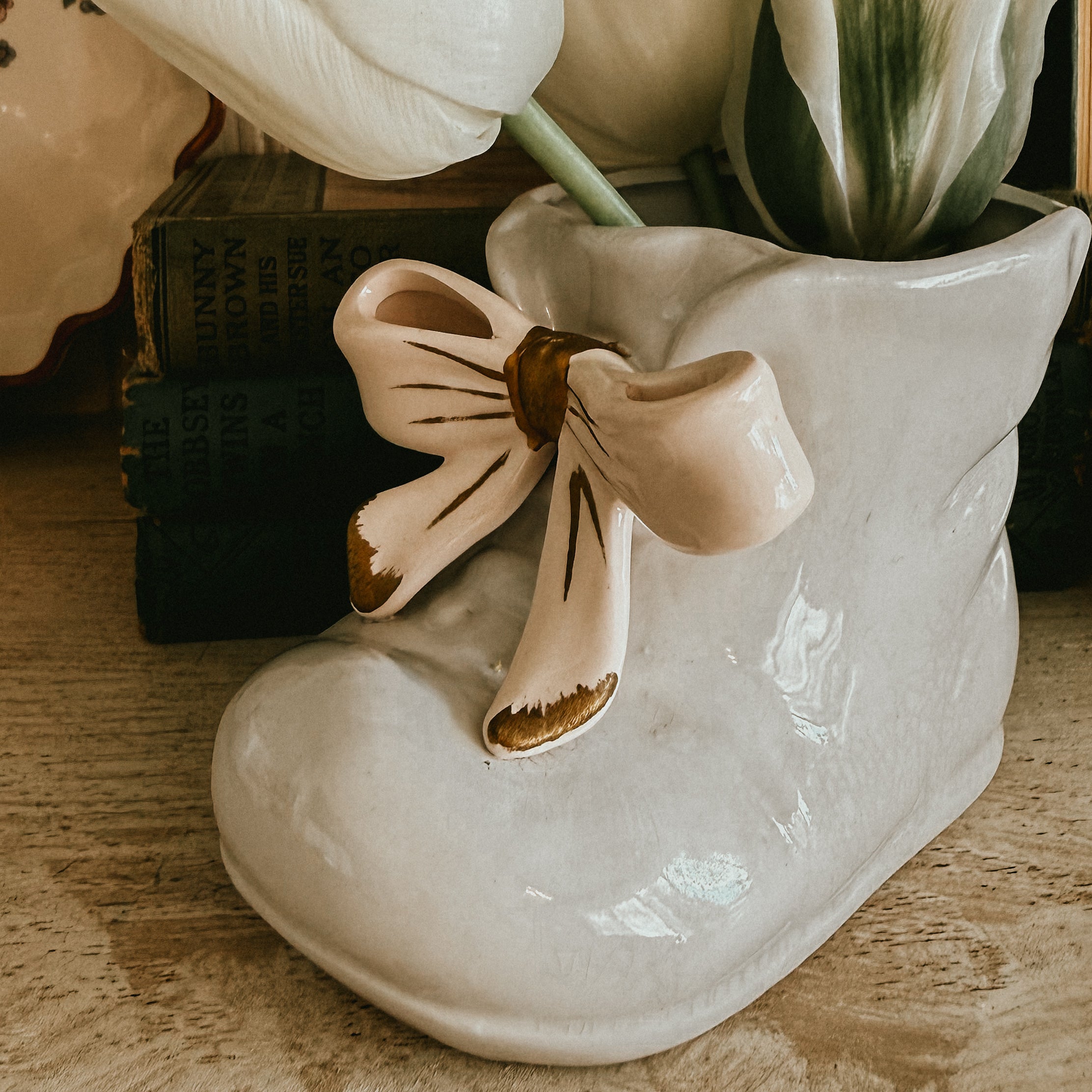 Napcoware Ceramic Baby Shoe Vintage Planter - Mid-Century Pink Bow Nursery Decor