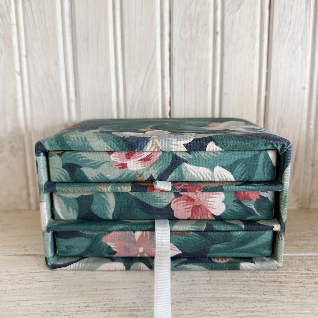 Fabric Covered 3-Drawer Vintage Jewelry Box – Green Tropical Floral Desk Organizer