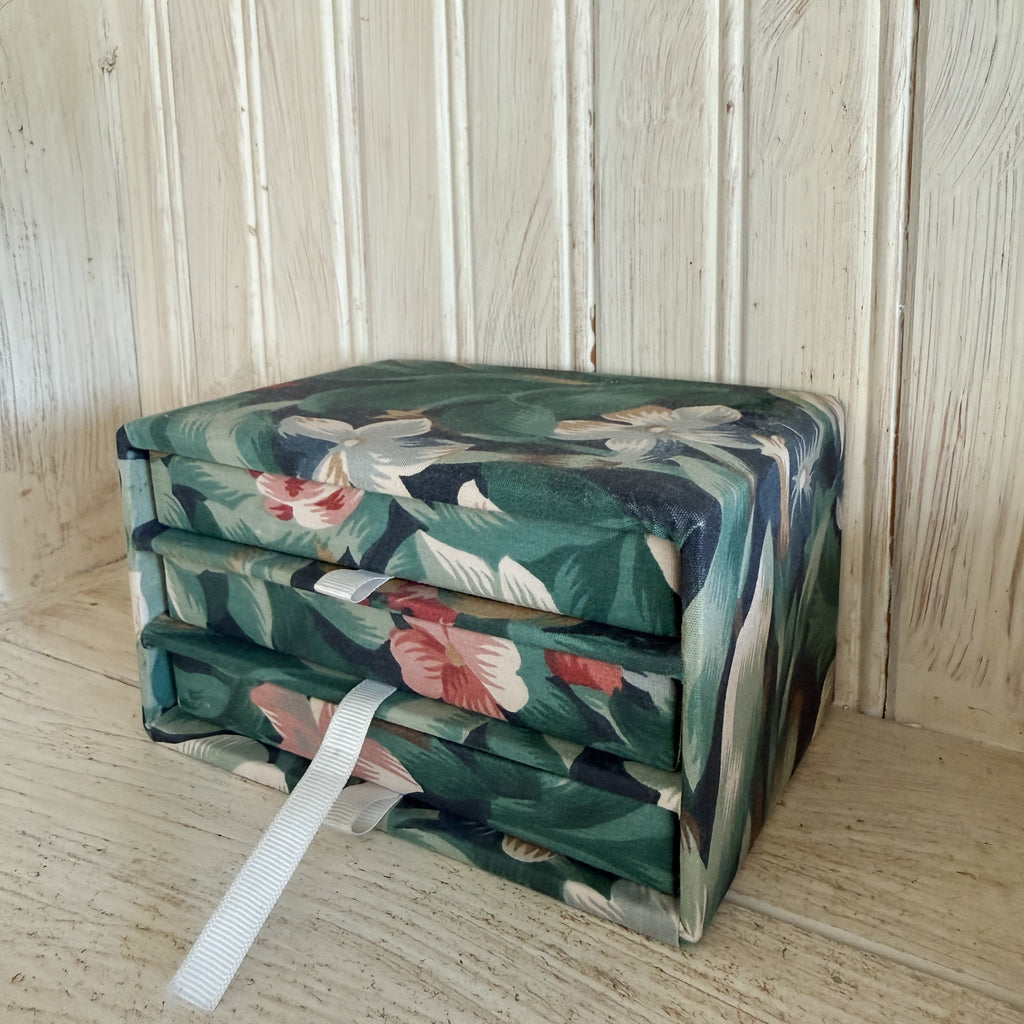 Fabric Covered 3-Drawer Vintage Jewelry Box – Green Tropical Floral Desk Organizer