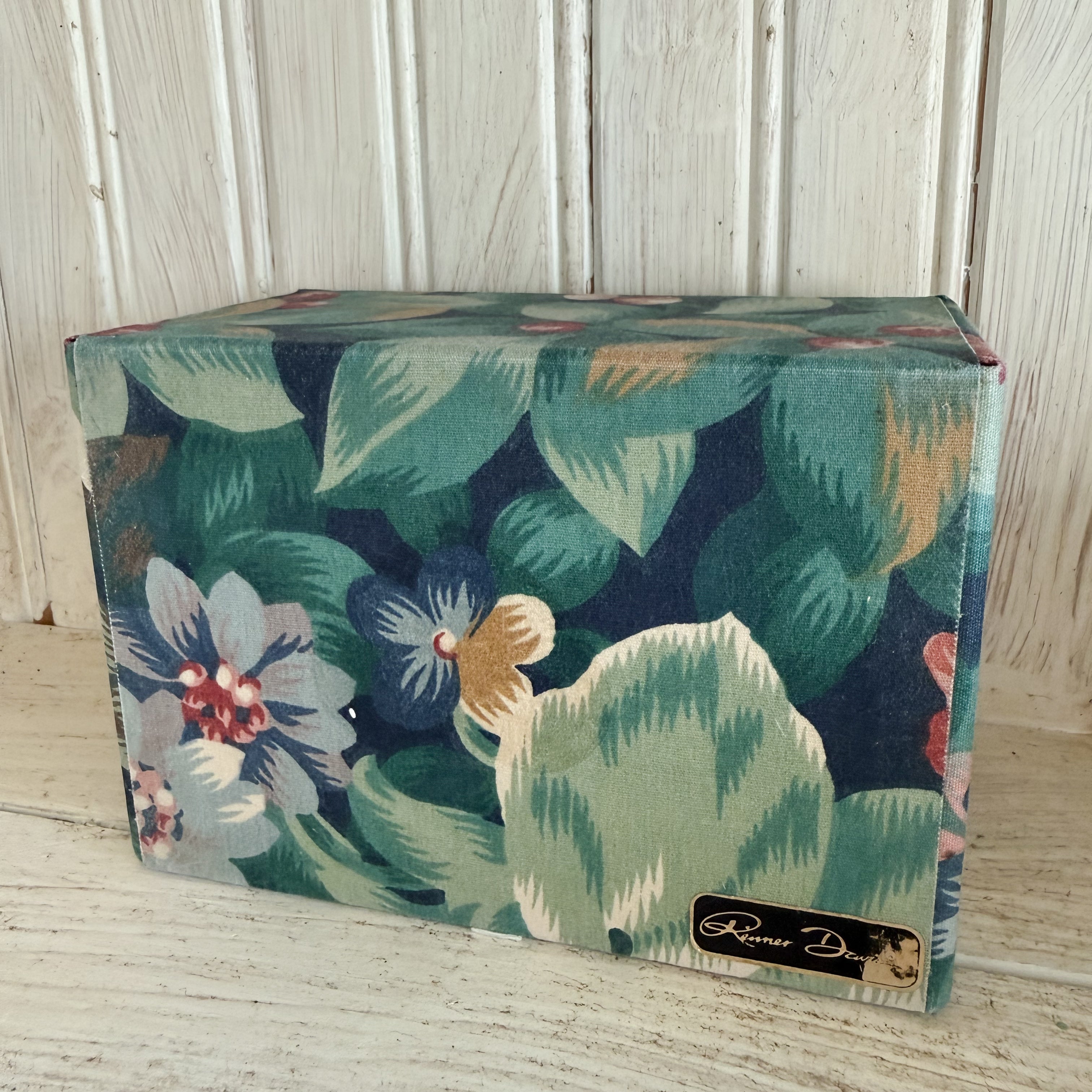 Fabric Covered 3-Drawer Vintage Jewelry Box – Green Tropical Floral Desk Organizer