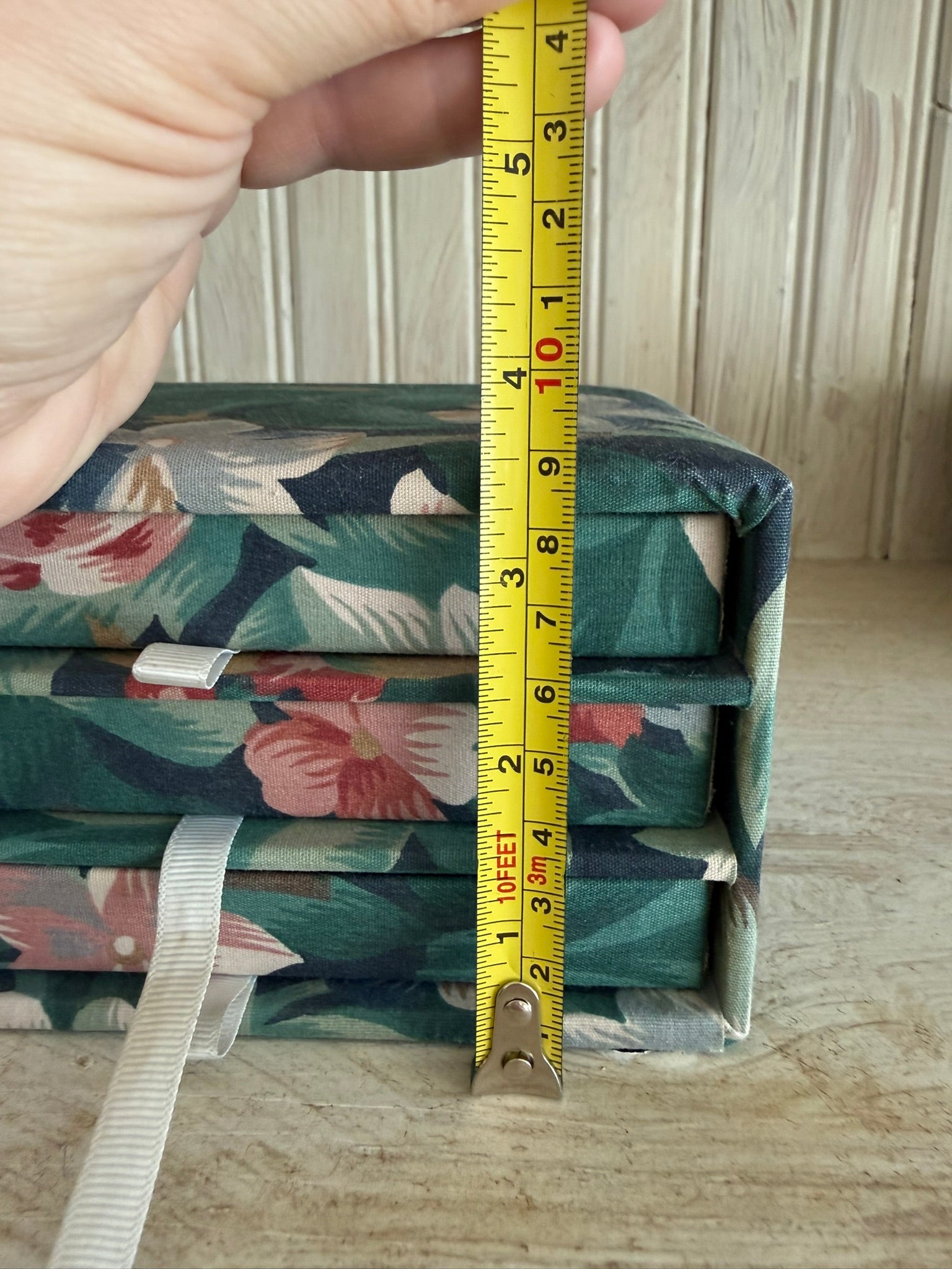 Fabric Covered 3-Drawer Vintage Jewelry Box – Green Tropical Floral Desk Organizer