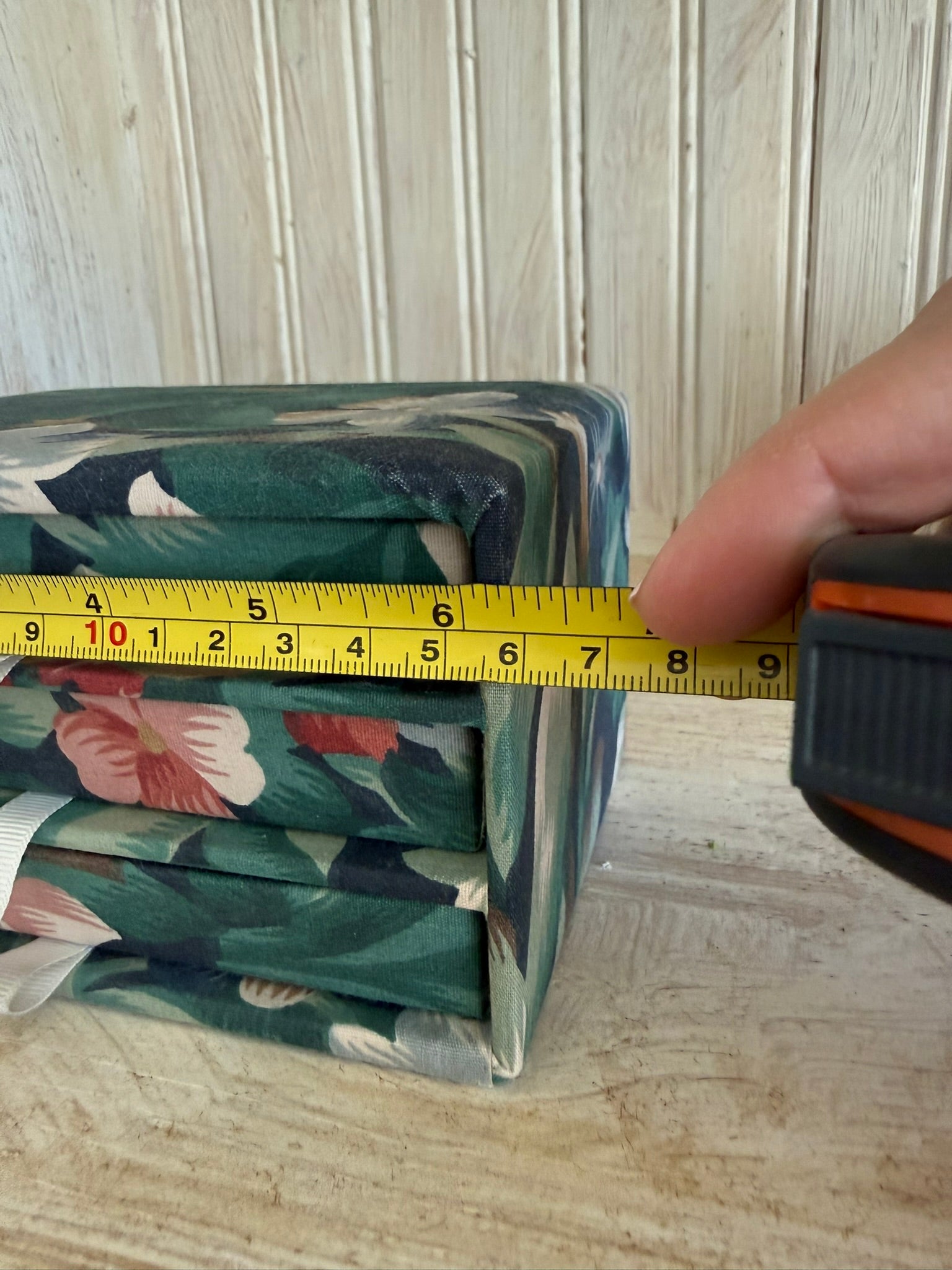 Fabric Covered 3-Drawer Vintage Jewelry Box – Green Tropical Floral Desk Organizer