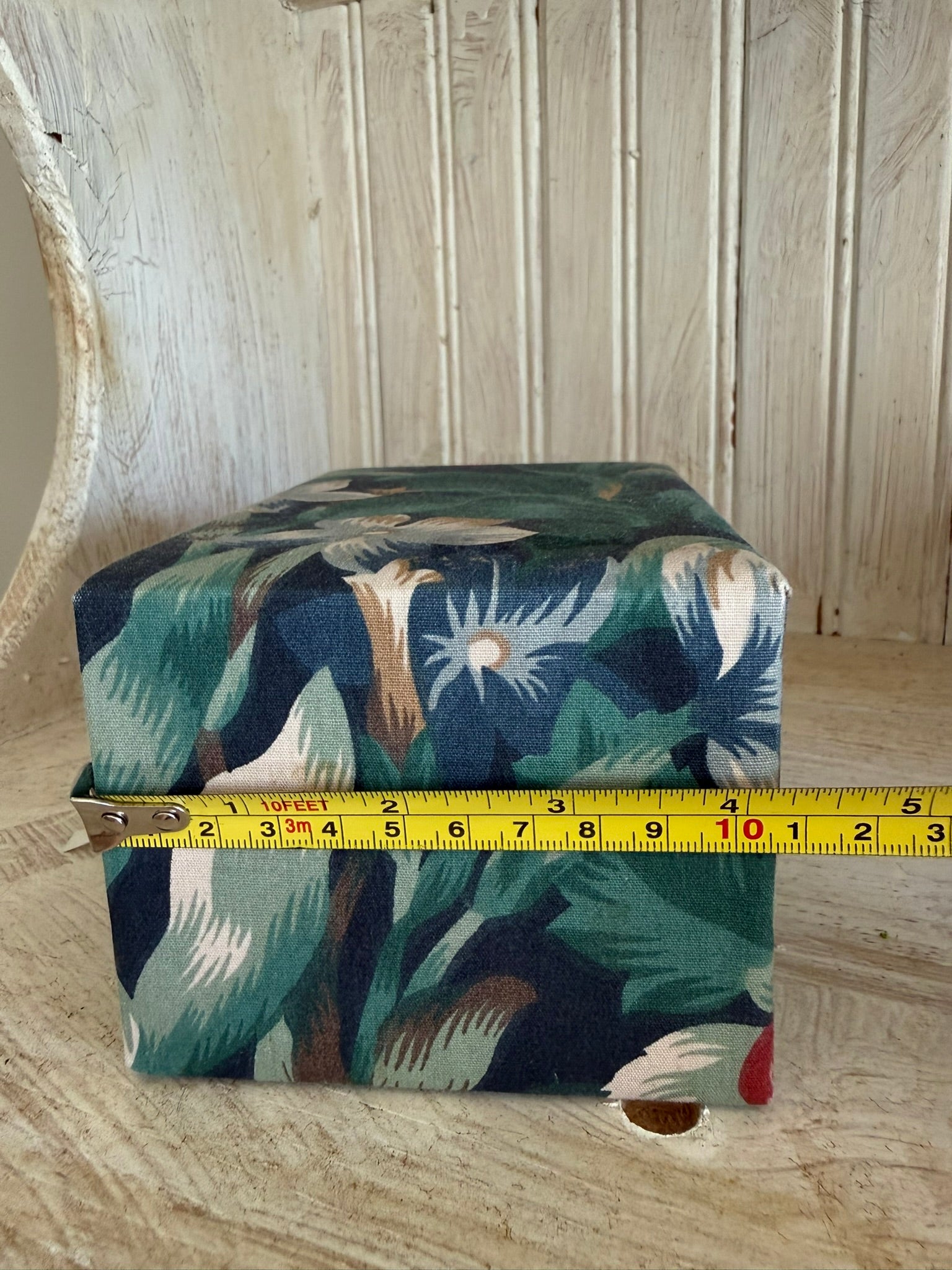 Fabric Covered 3-Drawer Vintage Jewelry Box – Green Tropical Floral Desk Organizer
