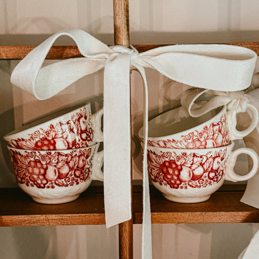 Libbey Red Vintage Transferware Teacups – Set of 4 Fruit & Berries Coffee/Tea Cups