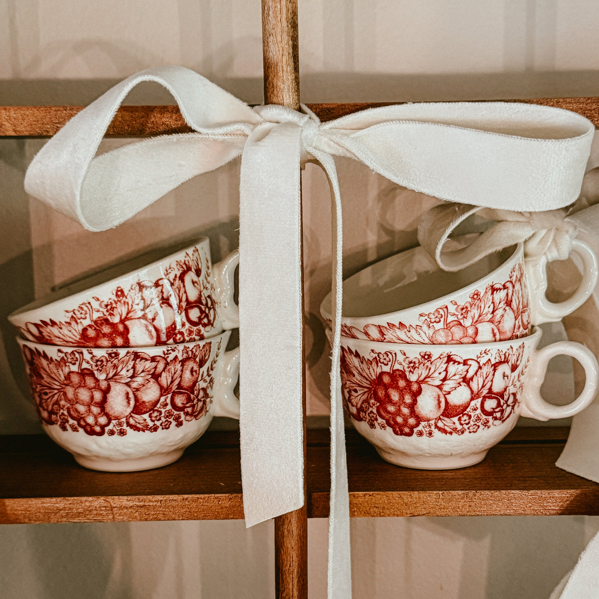 Libbey Red Vintage Transferware Teacups – Set of 4 Fruit & Berries Coffee/Tea Cups