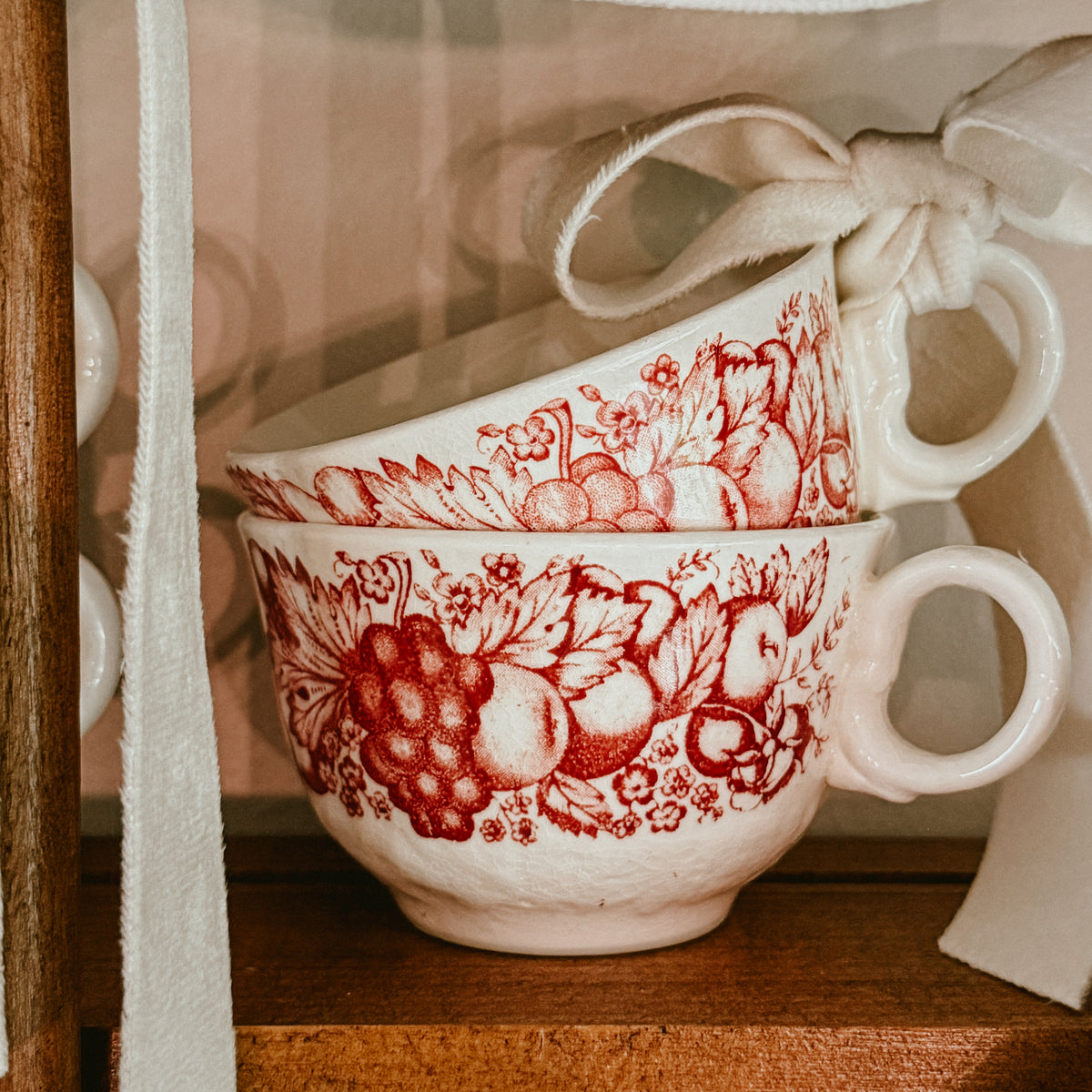 Libbey Red Vintage Transferware Teacups – Set of 4 Fruit & Berries Coffee/Tea Cups