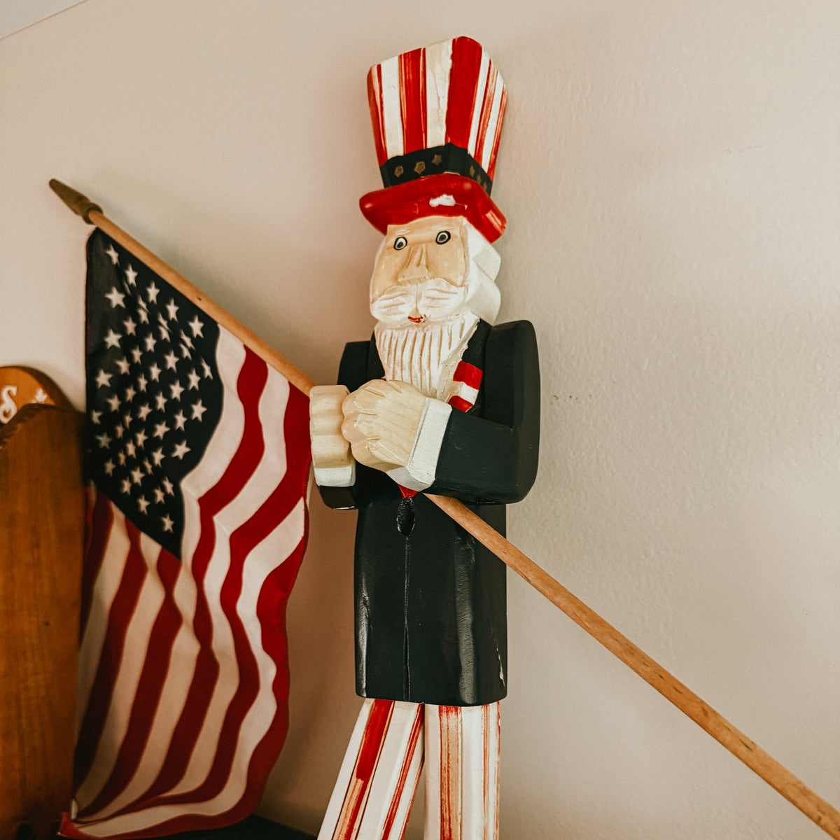 Wooden Uncle Sam Vintage 22" Statue & Flag Holder – Americana Patriotic Folk Art Decor