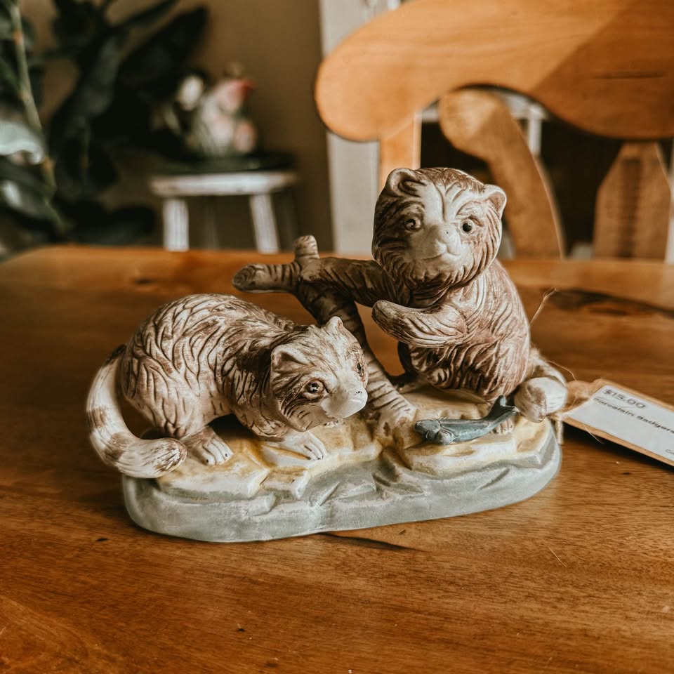 Hand-Painted Ceramic Badger Pair Vintage Figurine - Playful Badgers on Branch with Fish