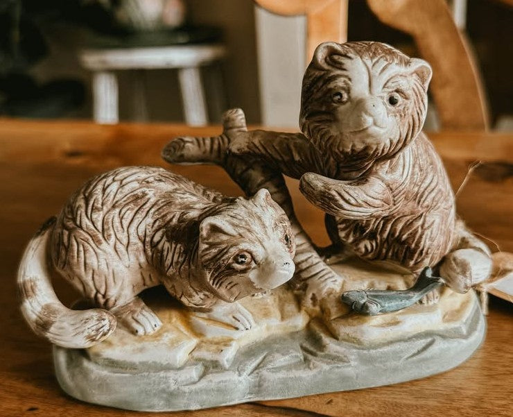 Hand-Painted Ceramic Badger Pair Vintage Figurine - Playful Badgers on Branch with Fish