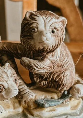 Hand-Painted Ceramic Badger Pair Vintage Figurine - Playful Badgers on Branch with Fish