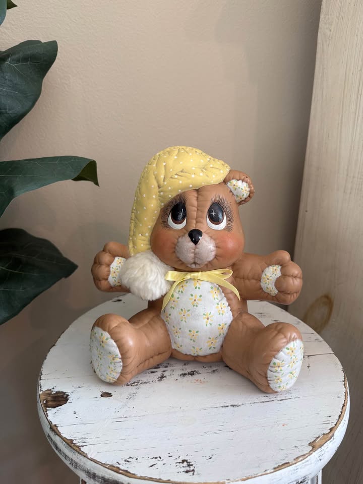 Hand-Painted "Quilted" Ceramic Teddy Bear Bank - Big Eyes Kitsch Nursery Decor - Vintage 1986 Dona Mold