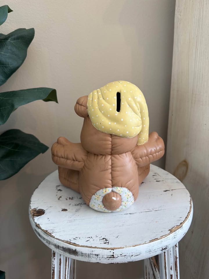 Hand-Painted "Quilted" Ceramic Teddy Bear Bank - Big Eyes Kitsch Nursery Decor - Vintage 1986 Dona Mold