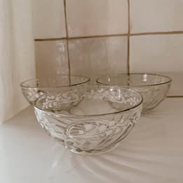Etched Glass Vintage Dessert Bowls – Clear Floral & Vine Pattern - Set of 3