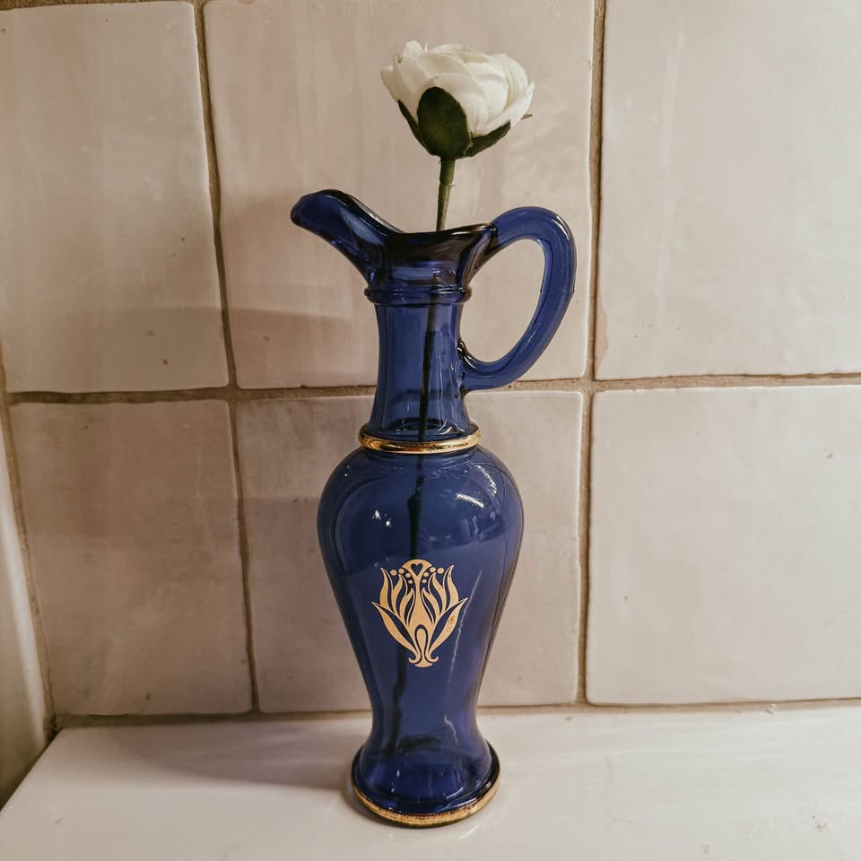 Avon Cobalt Blue Glass Bud Vase – 1970s Gold Floral Pitcher & Decanter