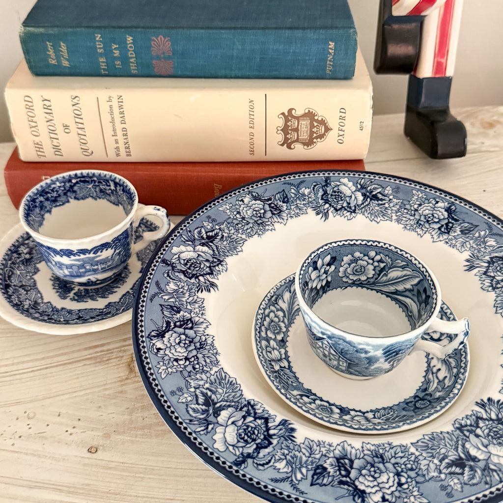 Curated Blue & White English Transferware Trio – Wedgwood Highgrove Platter, Wood & Sons 'Woodland' & Mason's 'Vista' Tea Cups