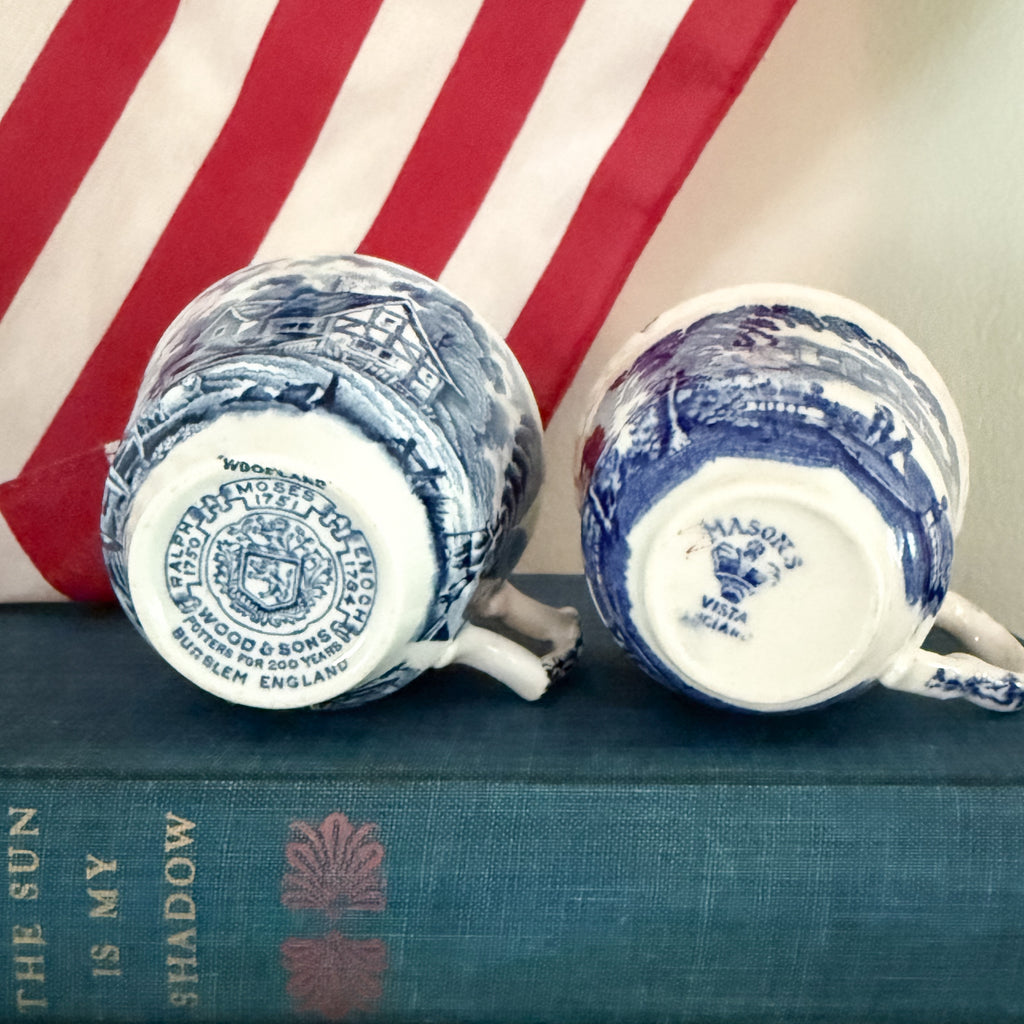 Curated Blue & White English Transferware Trio – Wedgwood Highgrove Platter, Wood & Sons 'Woodland' & Mason's 'Vista' Tea Cups