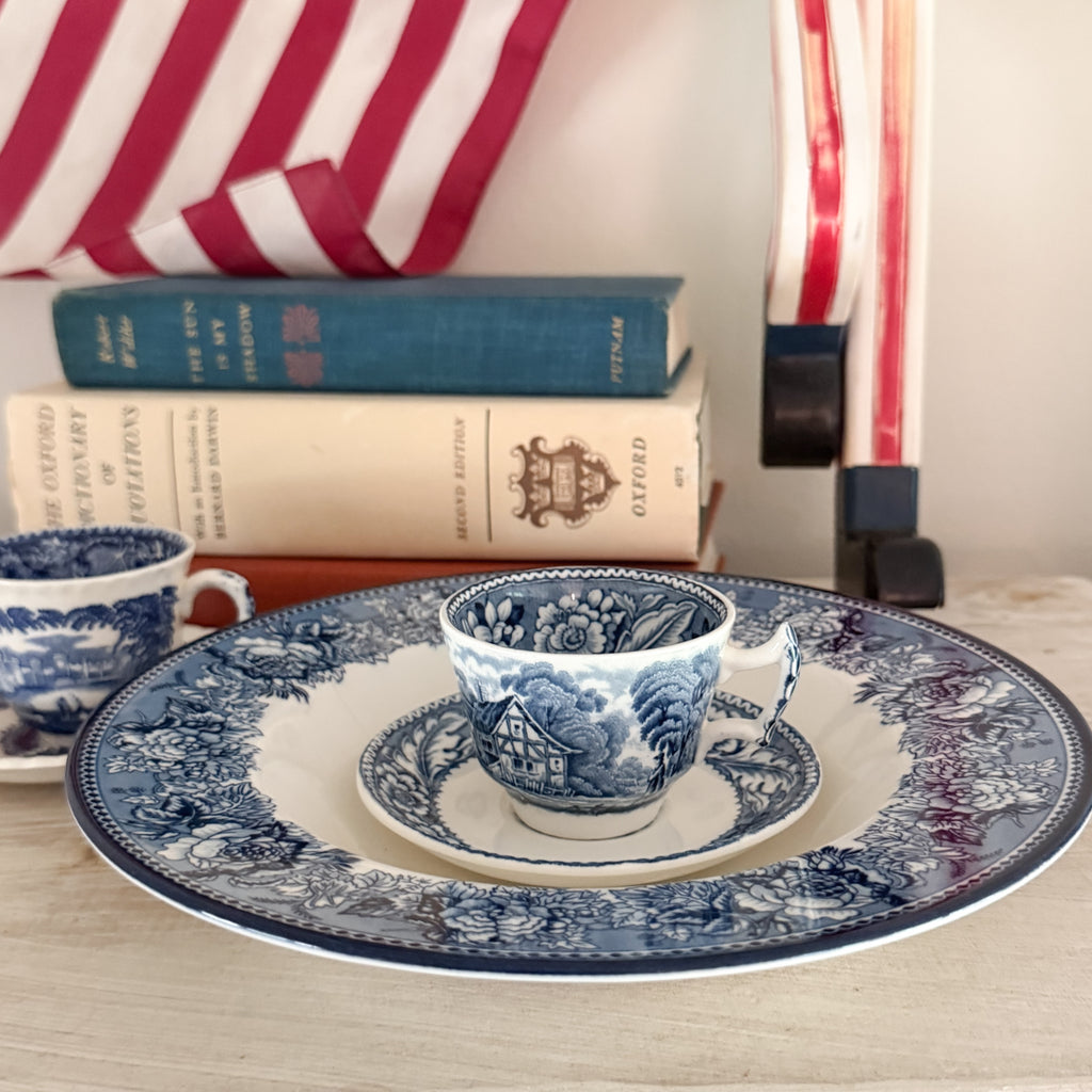 Curated Blue & White English Transferware Trio – Wedgwood Highgrove Platter, Wood & Sons 'Woodland' & Mason's 'Vista' Tea Cups