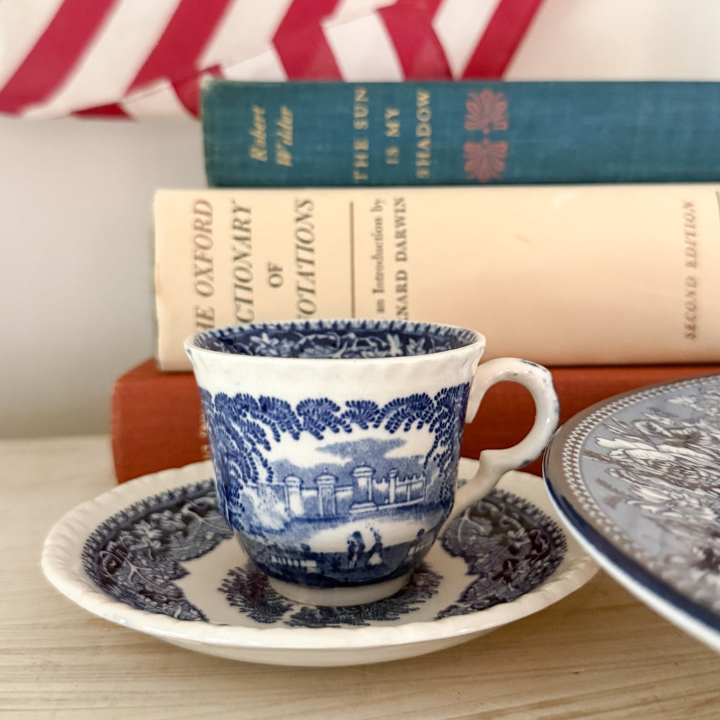 Curated Blue & White English Transferware Trio – Wedgwood Highgrove Platter, Wood & Sons 'Woodland' & Mason's 'Vista' Tea Cups