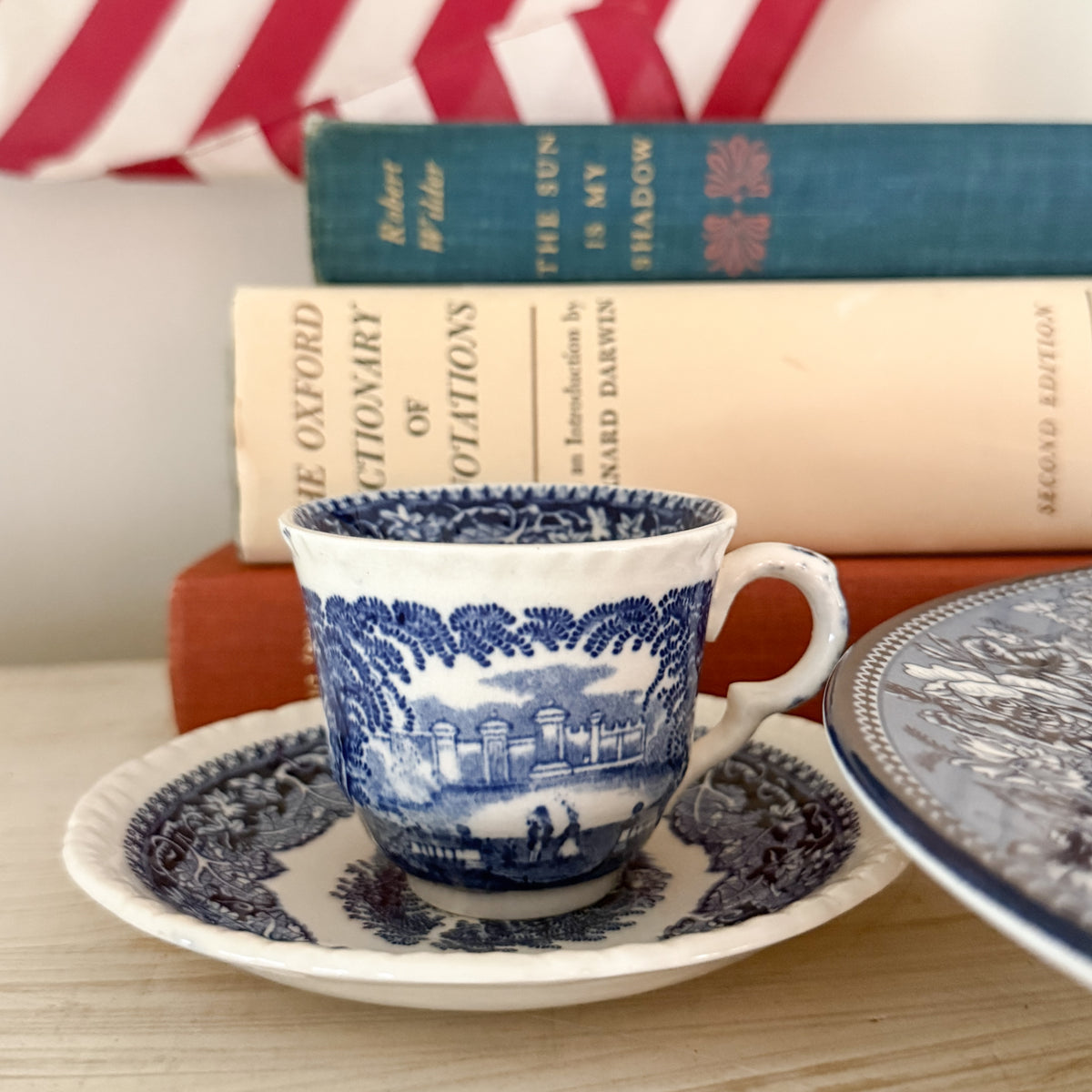 Curated Blue & White English Transferware Trio – Wedgwood Highgrove Platter, Wood & Sons 'Woodland' & Mason's 'Vista' Tea Cups