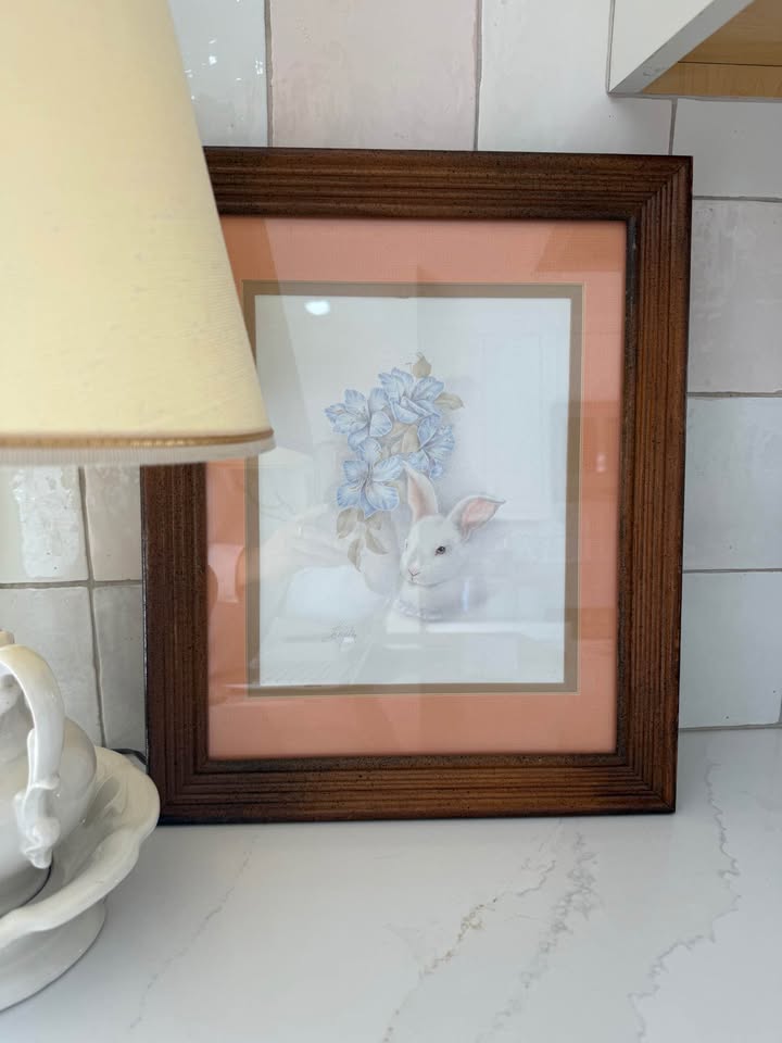 White Bunny & Hydrangeas Vintage Framed Art Print 13"x16" – Home Interiors / Homco Cottagecore Nursery Decor