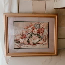 Barbara Mock "Rabbit Family" Framed Vintage Art Print – 23" x 16" Pastel Nursery Bunny Decor