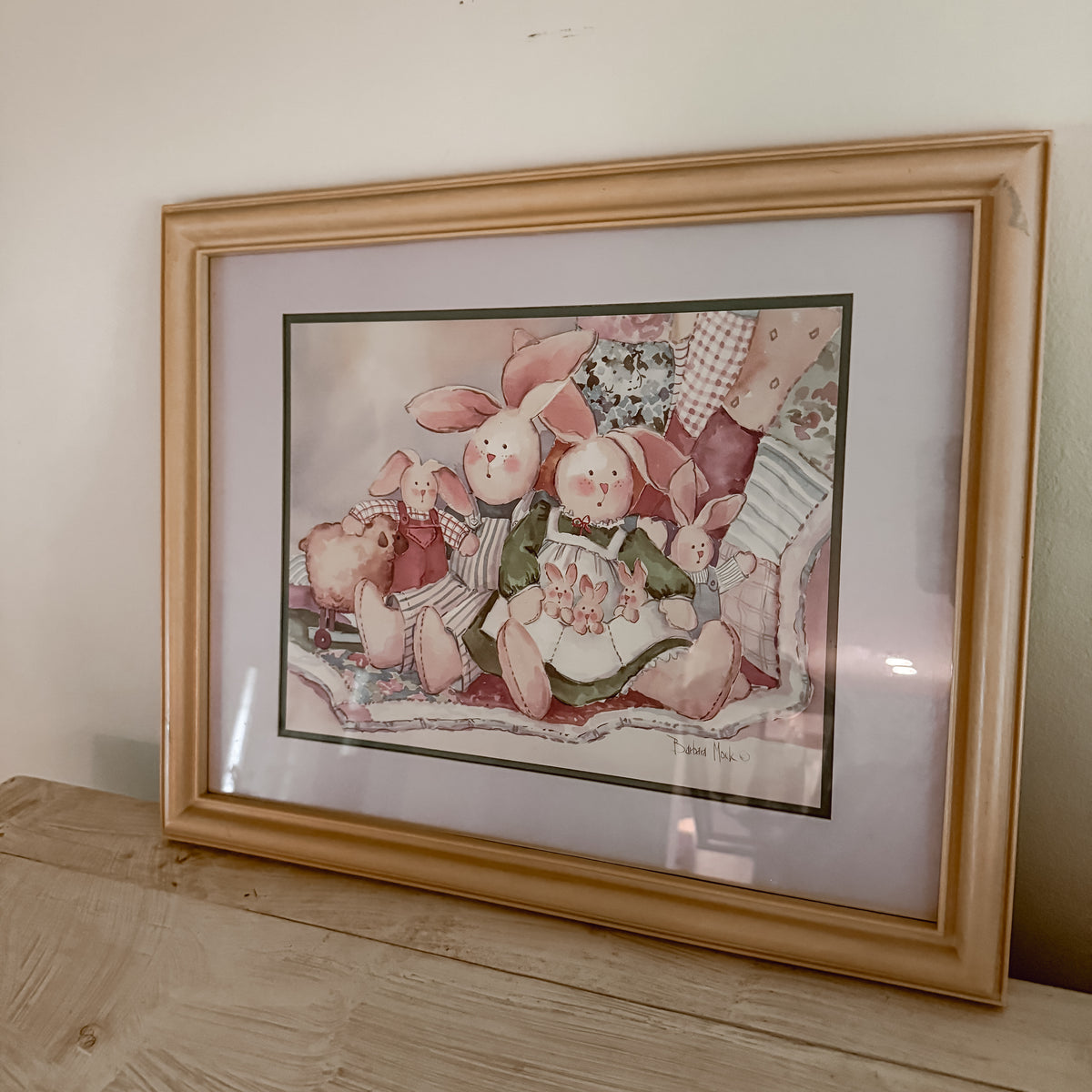 Barbara Mock "Rabbit Family" Framed Vintage Art Print – 23" x 16" Pastel Nursery Bunny Decor