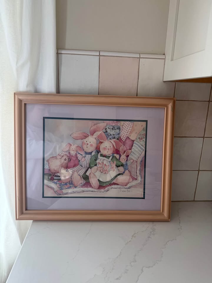 Barbara Mock "Rabbit Family" Framed Vintage Art Print – 23" x 16" Pastel Nursery Bunny Decor