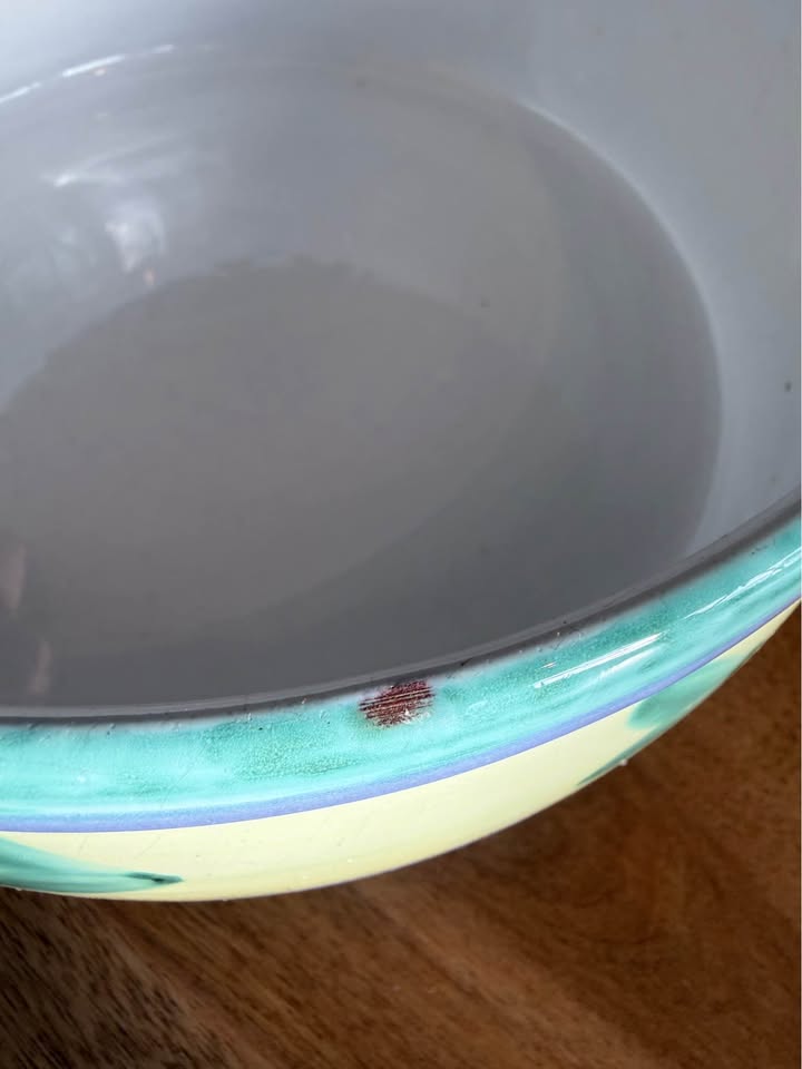 Caleca Italy Vintage Hand-Painted Serving Bowl – Green Heart & Pastel Banding
