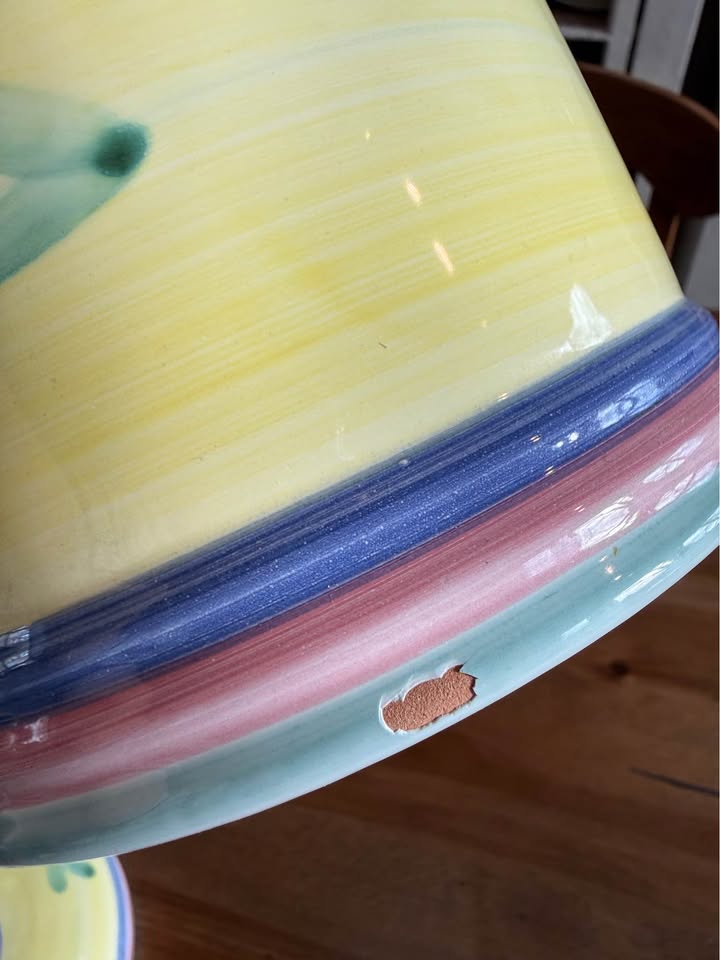 Caleca Italy Vintage Hand-Painted Lidded Canister – Green Heart & Pastel Bands – AS IS
