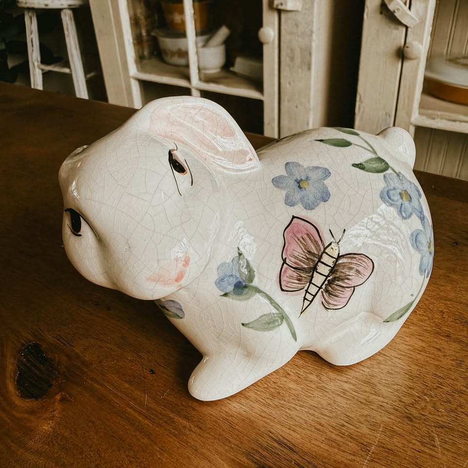 Crackle Glaze Ceramic Vintage Bunny – Floral & Butterfly Shabby Chic Cottage Core Decor
