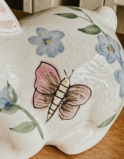 Crackle Glaze Ceramic Vintage Bunny – Floral & Butterfly Shabby Chic Cottage Core Decor