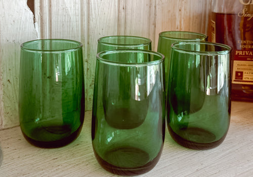 Five mid-century modern Anchor Hocking Forest Green flat-bottom Roly Poly juice glasses 