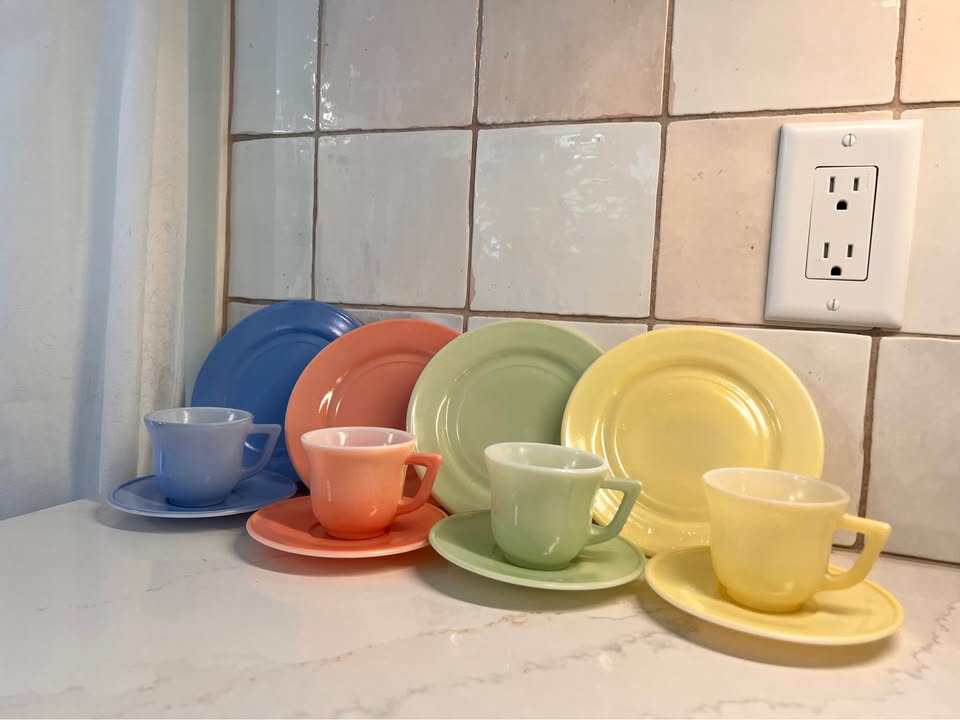 1940s Hazel Atlas Little Hostess Moderntone Pastel Milk Glass Child’s Tea Set - Vintage 12 Piece Set