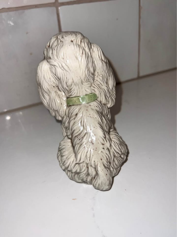 Hand-Painted Vintage Speckled Ceramic Sitting Dog Figurine - Mid-Century Style w/ Green Collar
