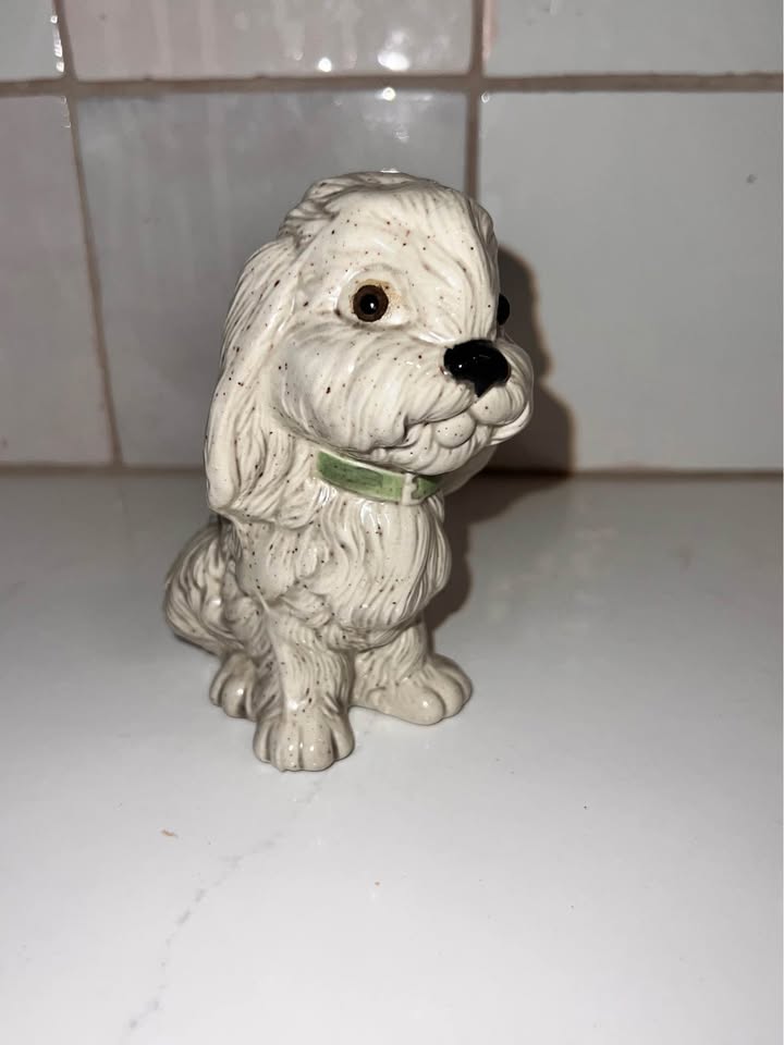 Hand-Painted Vintage Speckled Ceramic Sitting Dog Figurine - Mid-Century Style w/ Green Collar