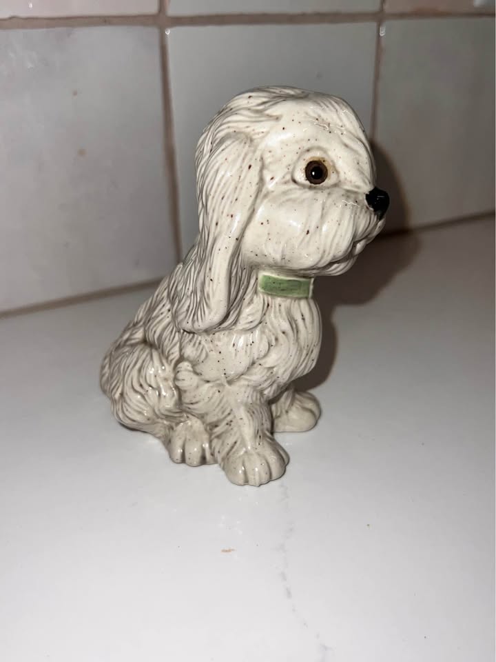 Hand-Painted Vintage Speckled Ceramic Sitting Dog Figurine - Mid-Century Style w/ Green Collar