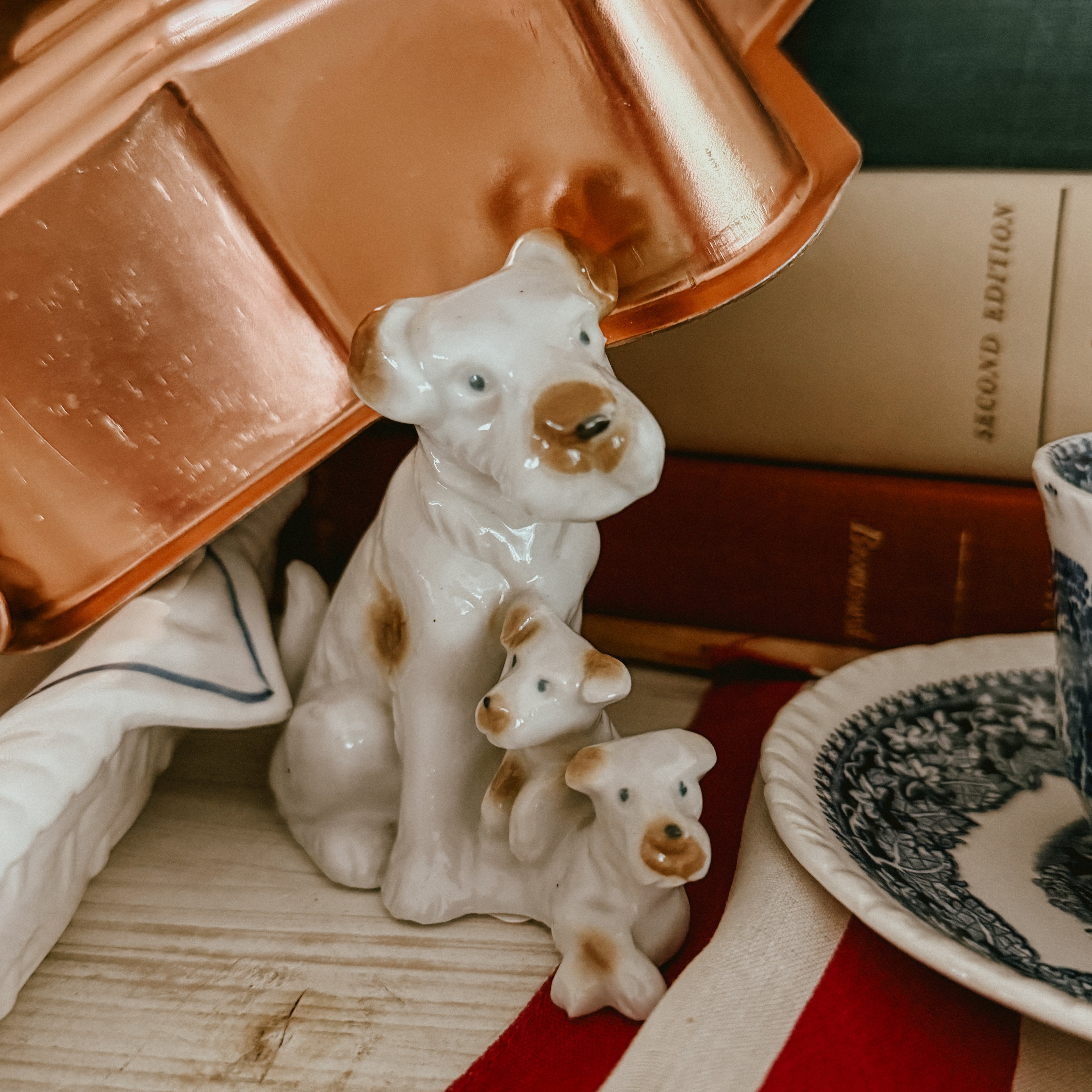 Porcelain VintageTerrier Mother Dog with Puppies Figurine - Mid-Century Japan Collectible