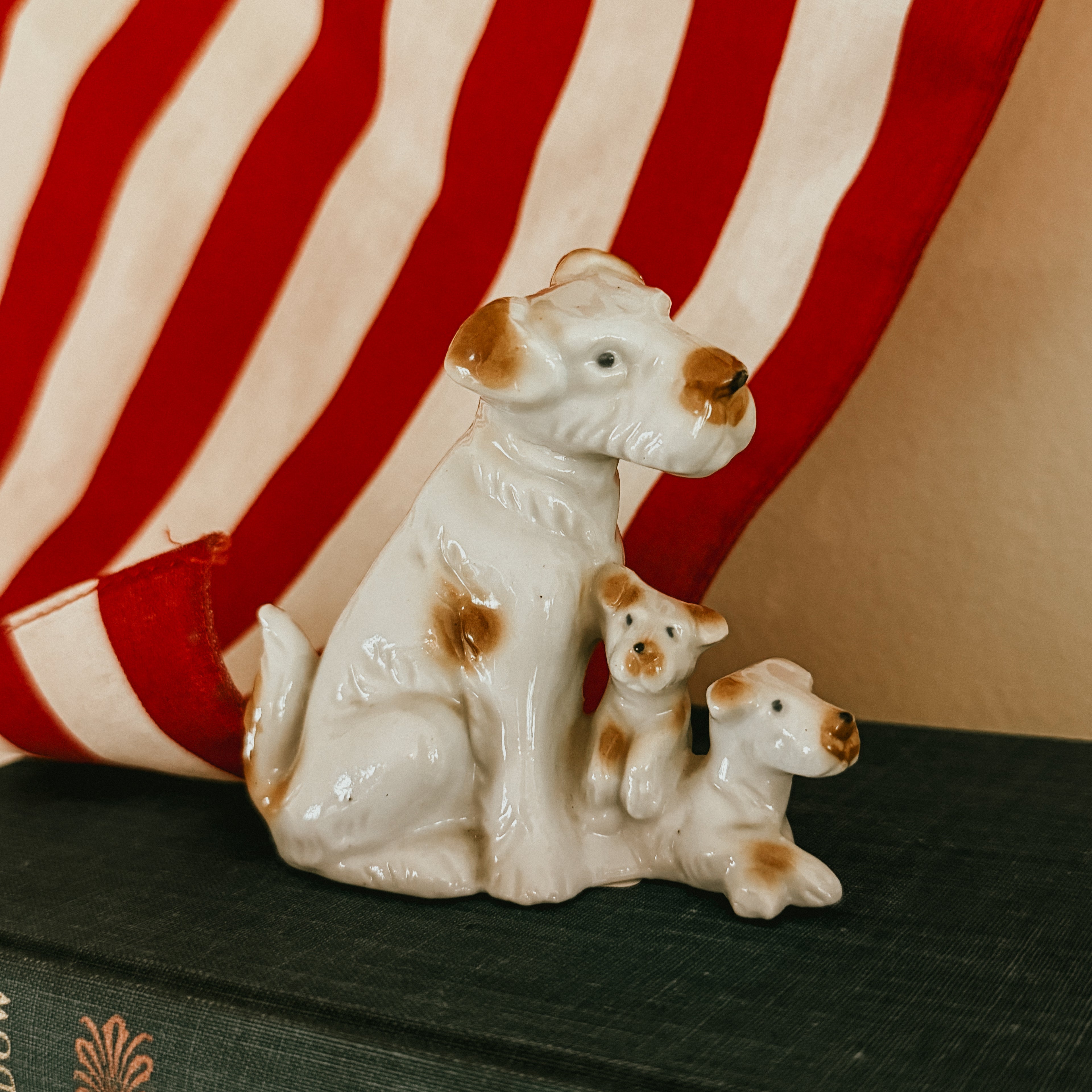 Porcelain VintageTerrier Mother Dog with Puppies Figurine - Mid-Century Japan Collectible