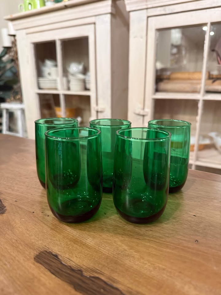Five mid-century modern Anchor Hocking Forest Green flat-bottom Roly Poly juice glasses 
