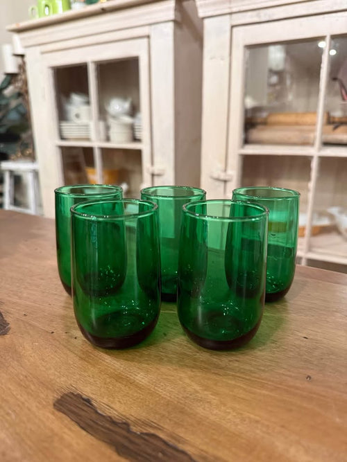 Five mid-century modern Anchor Hocking Forest Green flat-bottom Roly Poly juice glasses 