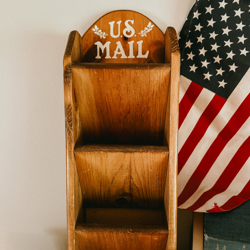 Mid-Century Country Style Wooden US MAIL Wall Pocket Sorter - 3 Tier Letter Holder