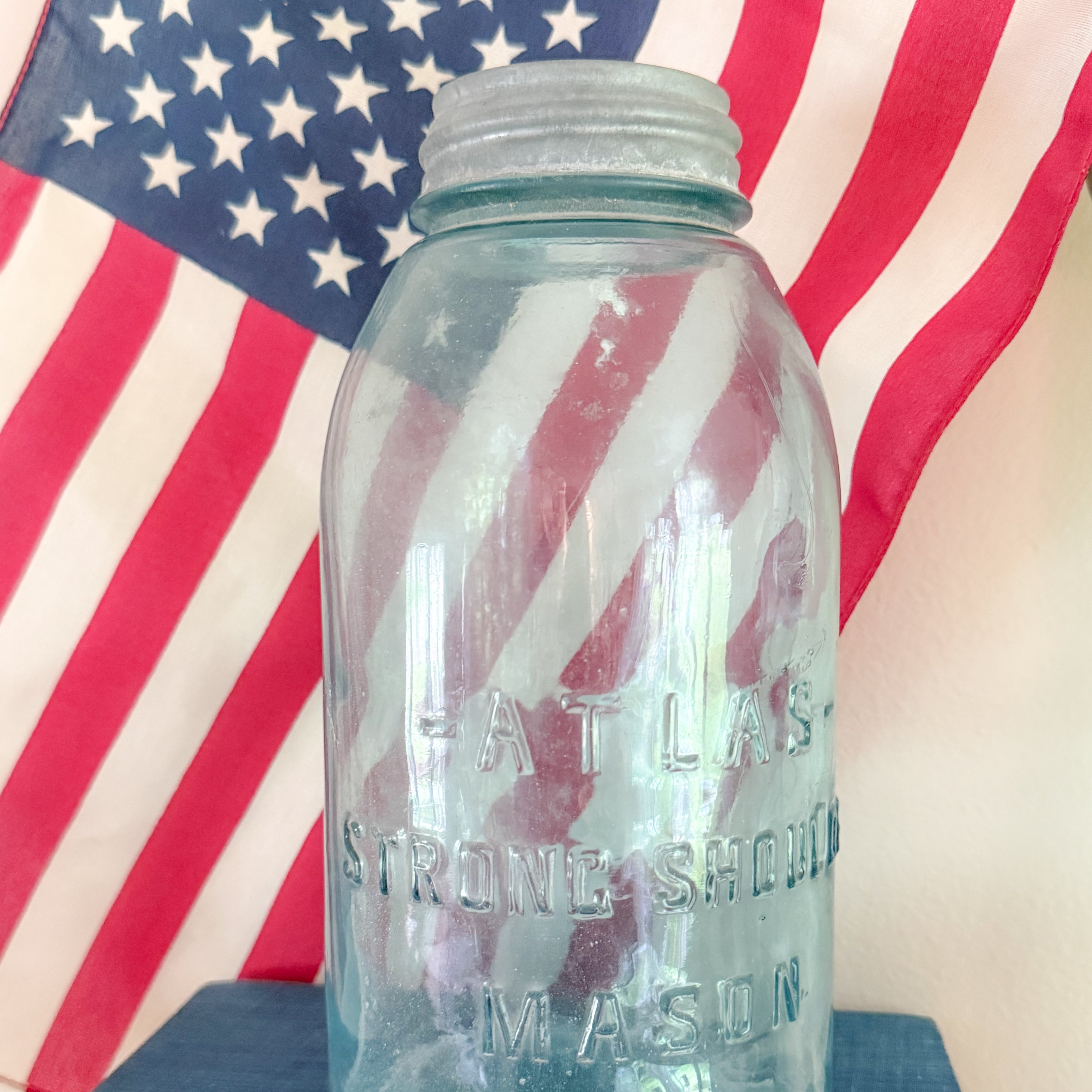 Antique Aqua Blue Atlas Strong Shoulder Half-Gallon Mason Jar with Vintage Zinc Lid