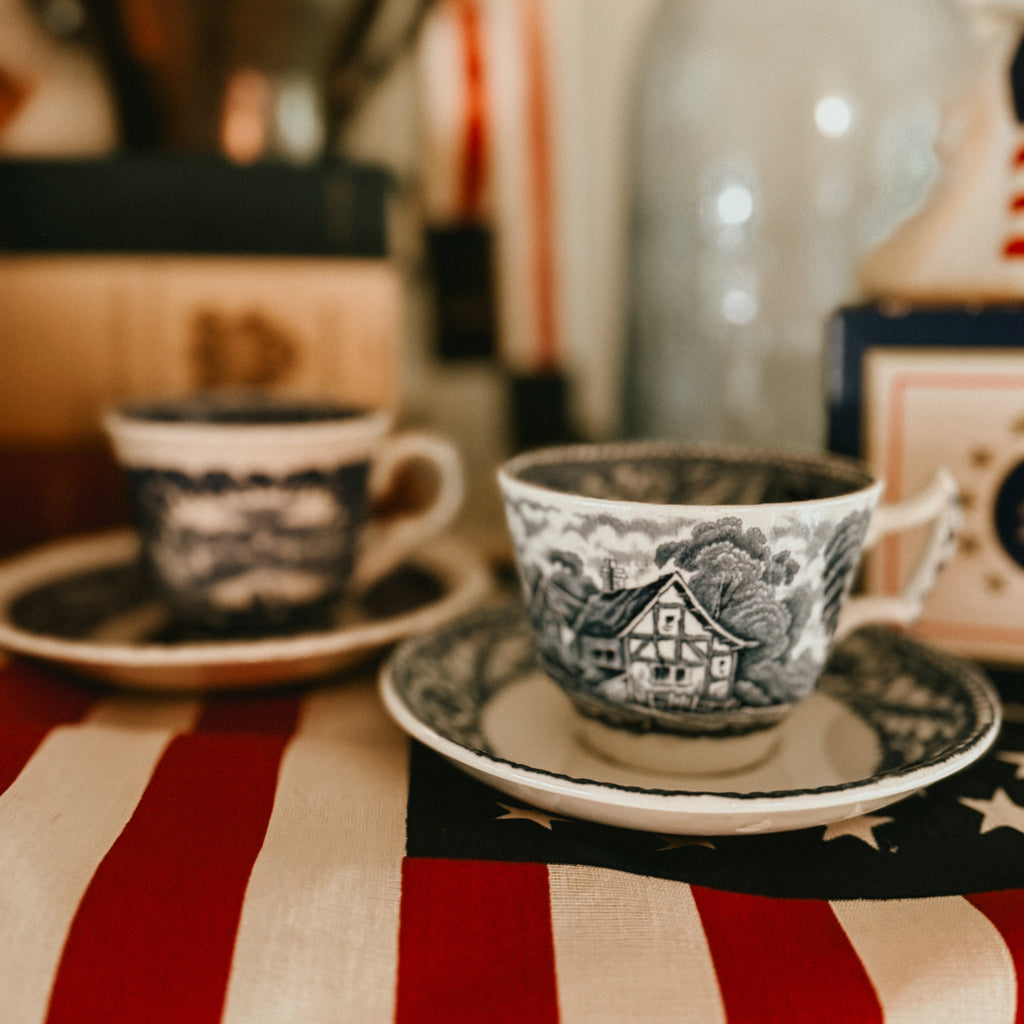 Curated Blue & White English Transferware Trio – Wedgwood Highgrove Platter, Wood & Sons 'Woodland' & Mason's 'Vista' Tea Cups