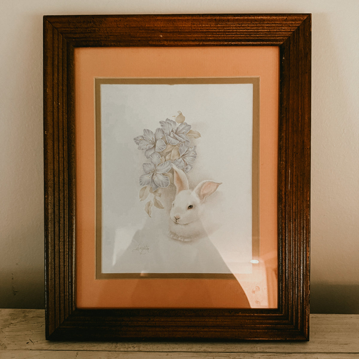 White Bunny & Hydrangeas Vintage Framed Art Print 13"x16" – Home Interiors / Homco Cottagecore Nursery Decor